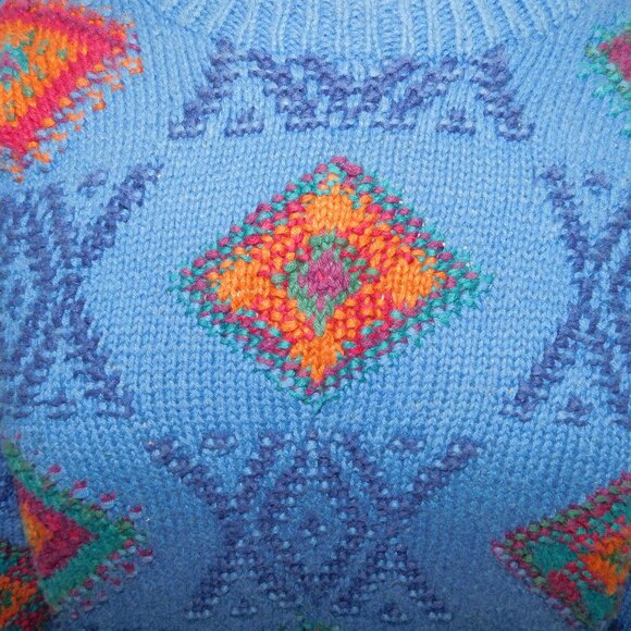 VTG Northern Isles Hand Knit Blue Multicolour Diamond Crew Neck Sweater Womens M - Picture 6 of 10